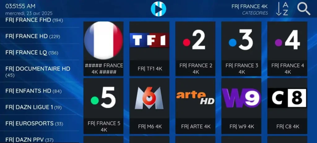 Vista del menú principal y de la guía TV en XCIPTV Player